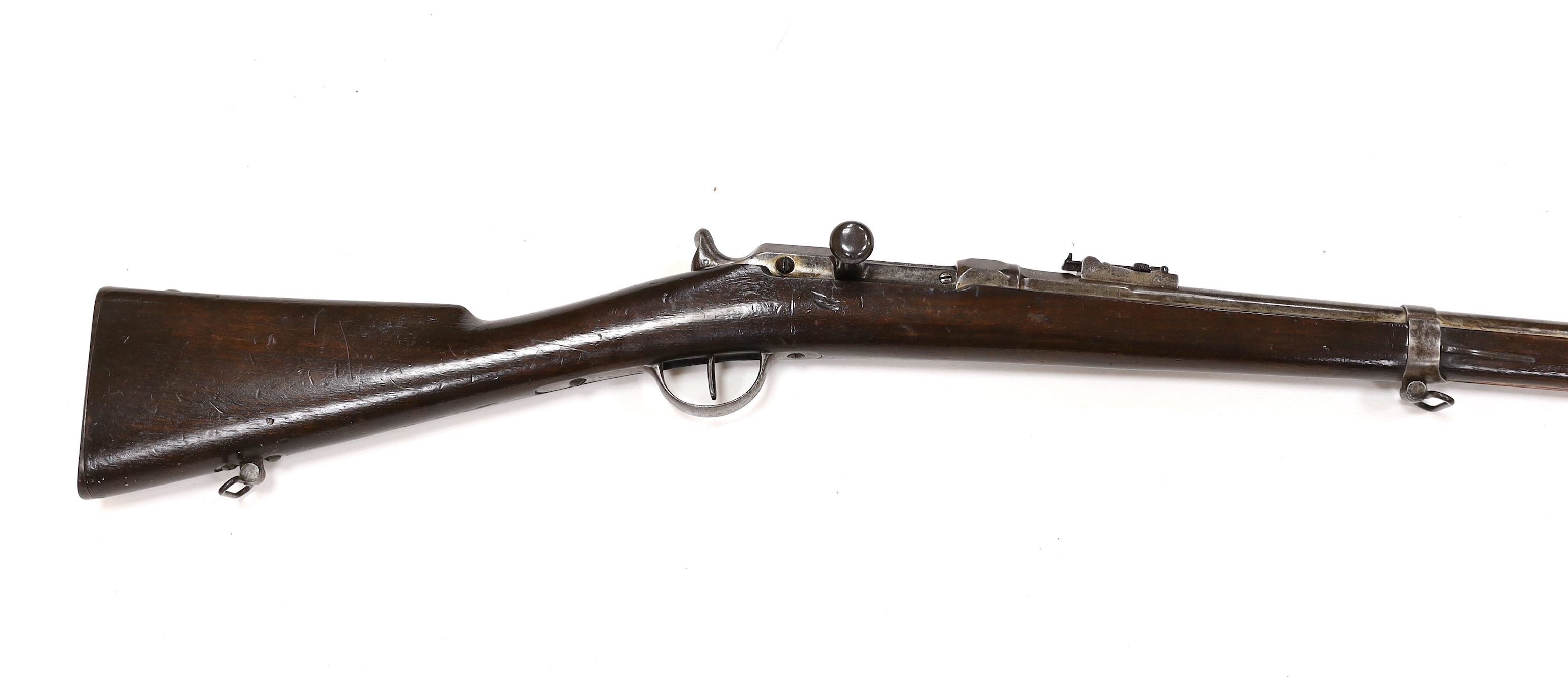 A French Chassepot bolt action rifle 1865-1874 with regulation, iron mounts, and 1868 brass handle bayonet dated 1868, barrel 79cm